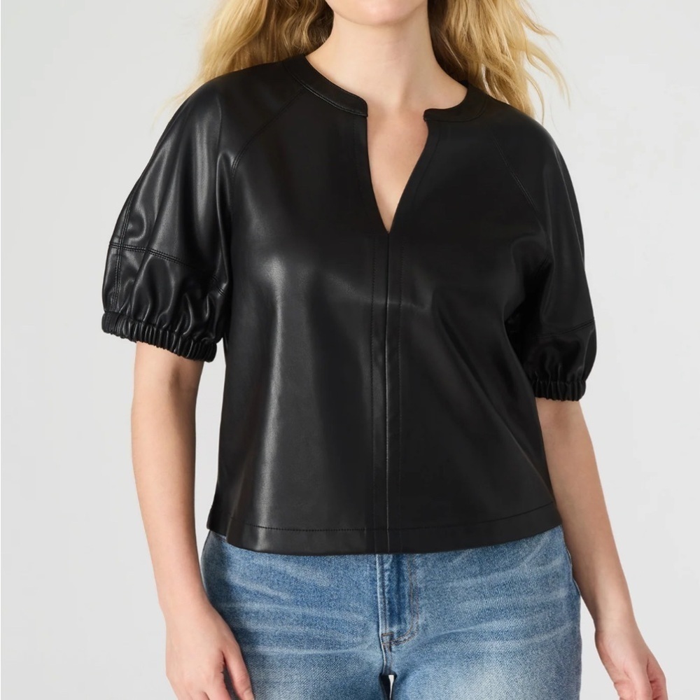Steve Madden Black Faux Leather Puff Sleeve blouse XL Roxanne NWT